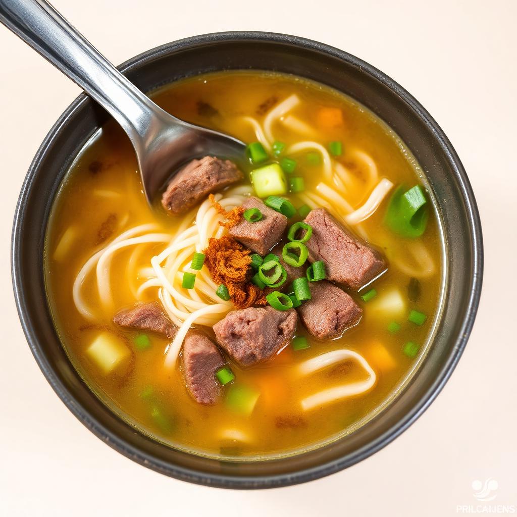 Semangkuk bihun sup dengan sup bening, daging dan taburan daun bawang