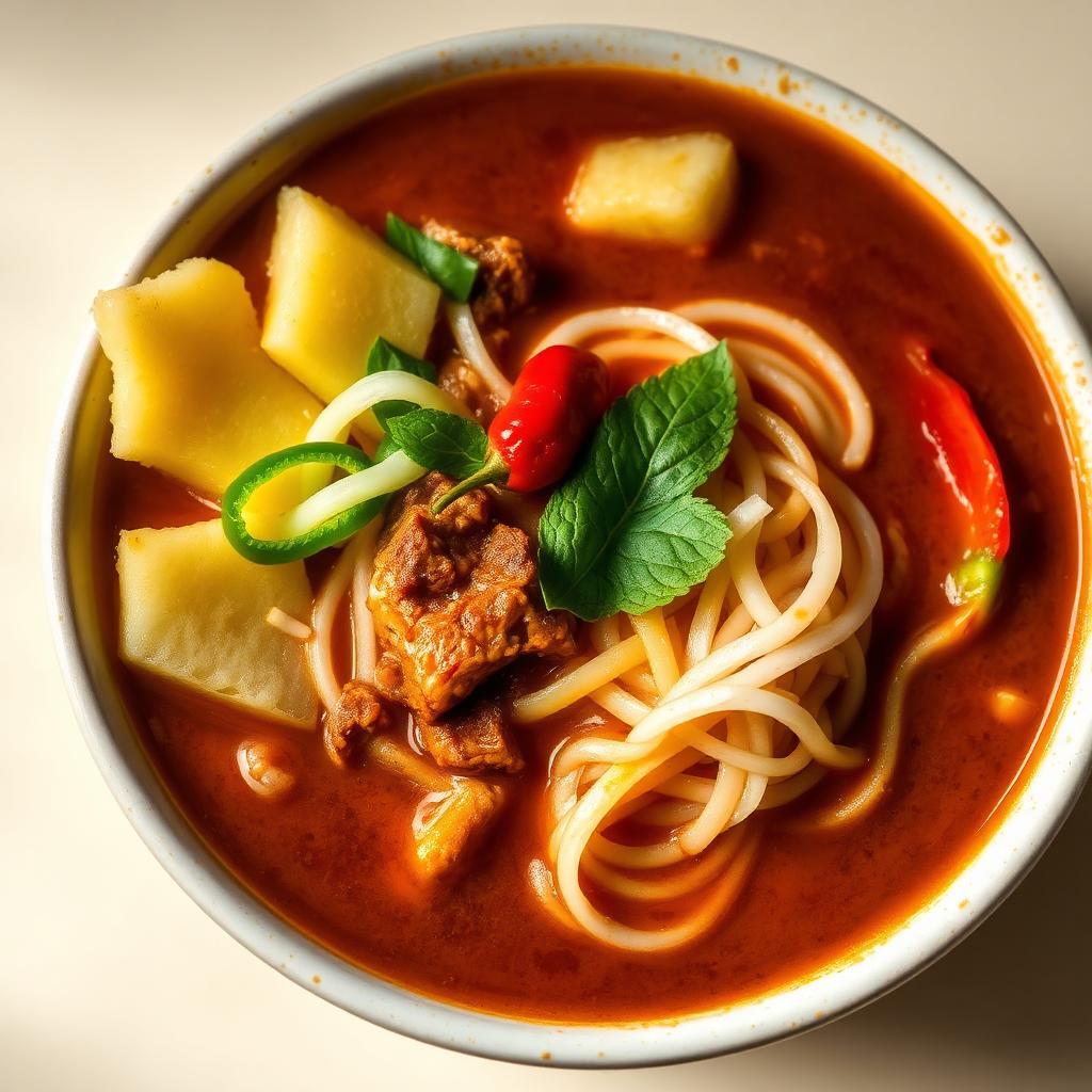 Semangkuk laksa Utara dengan kuah ikan pekat, timun, nanas dan daun kesum