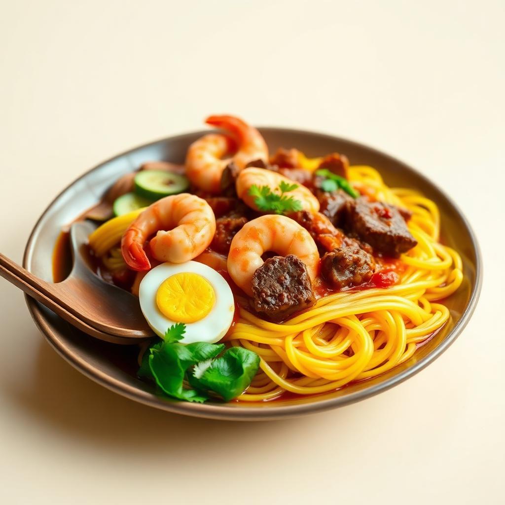Sepinggan mee bandung dengan kuah merah pekat, udang, daging dan telur