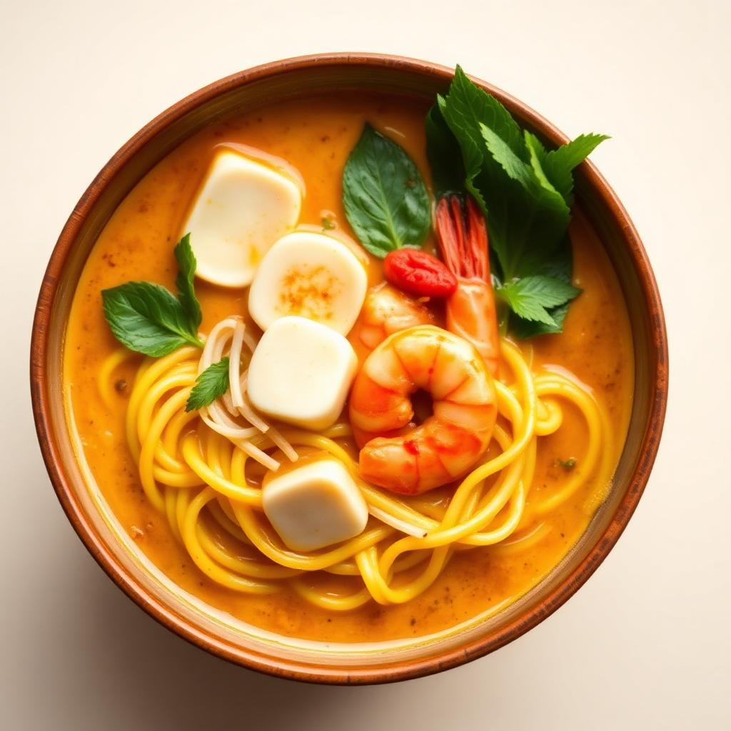 Semangkuk mee kari dengan kuah kari berkrim, tauhu dan udang