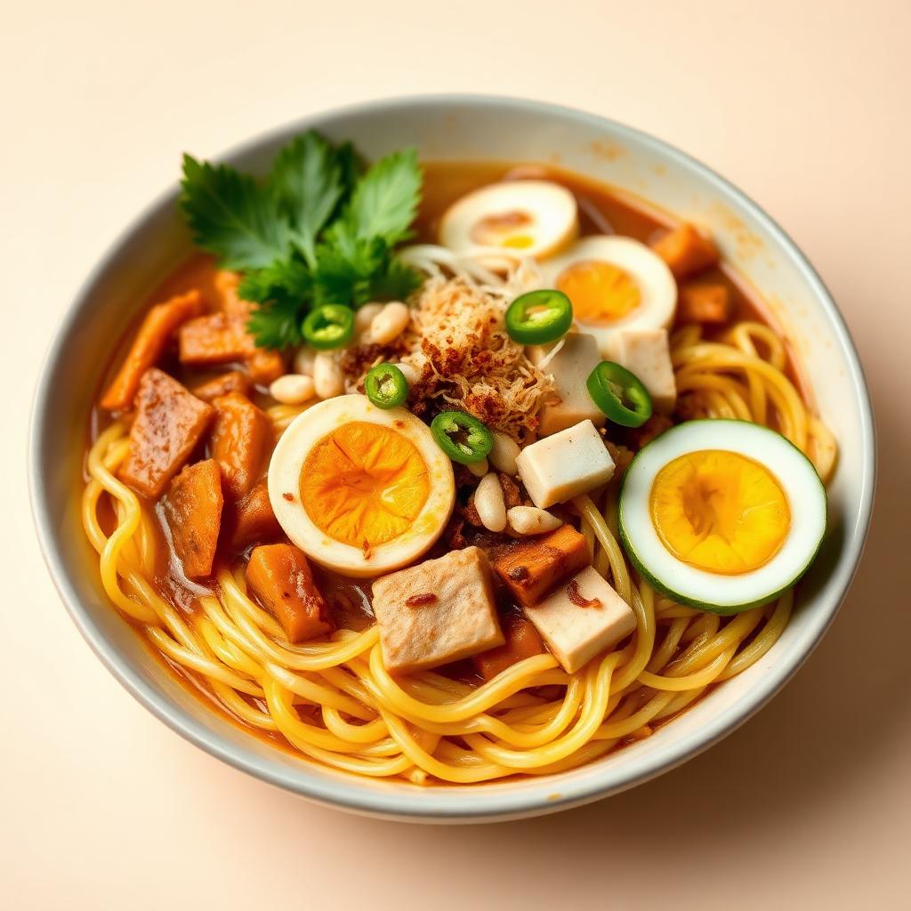 Sepinggan mee rebus dengan kuah pekat, telur rebus, tauhu dan taugeh