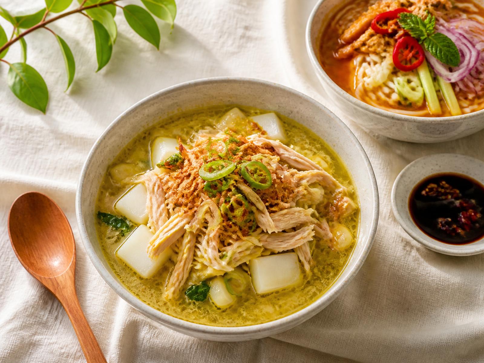 Semangkuk soto ayam dan laksa Utara di atas alas linen krim