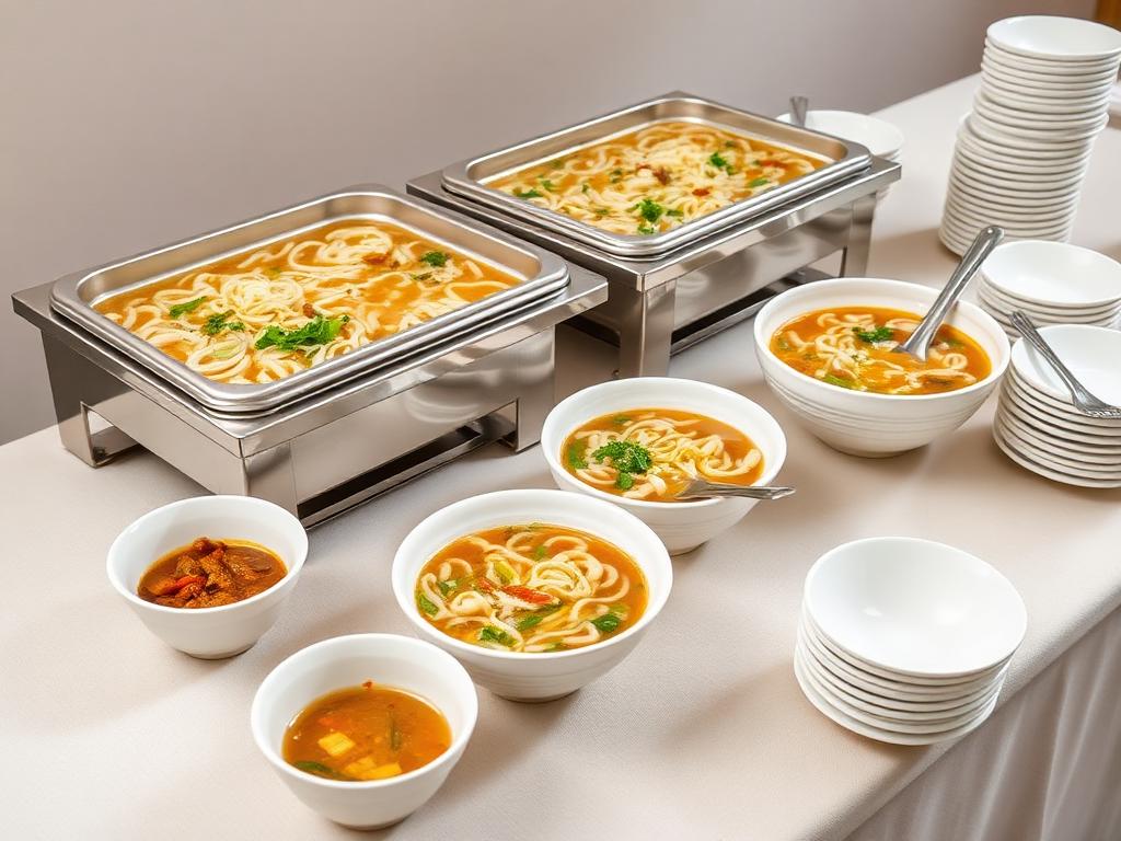 Susunan hidangan gaya buffet dengan dulang penghidang dan mangkuk bersih