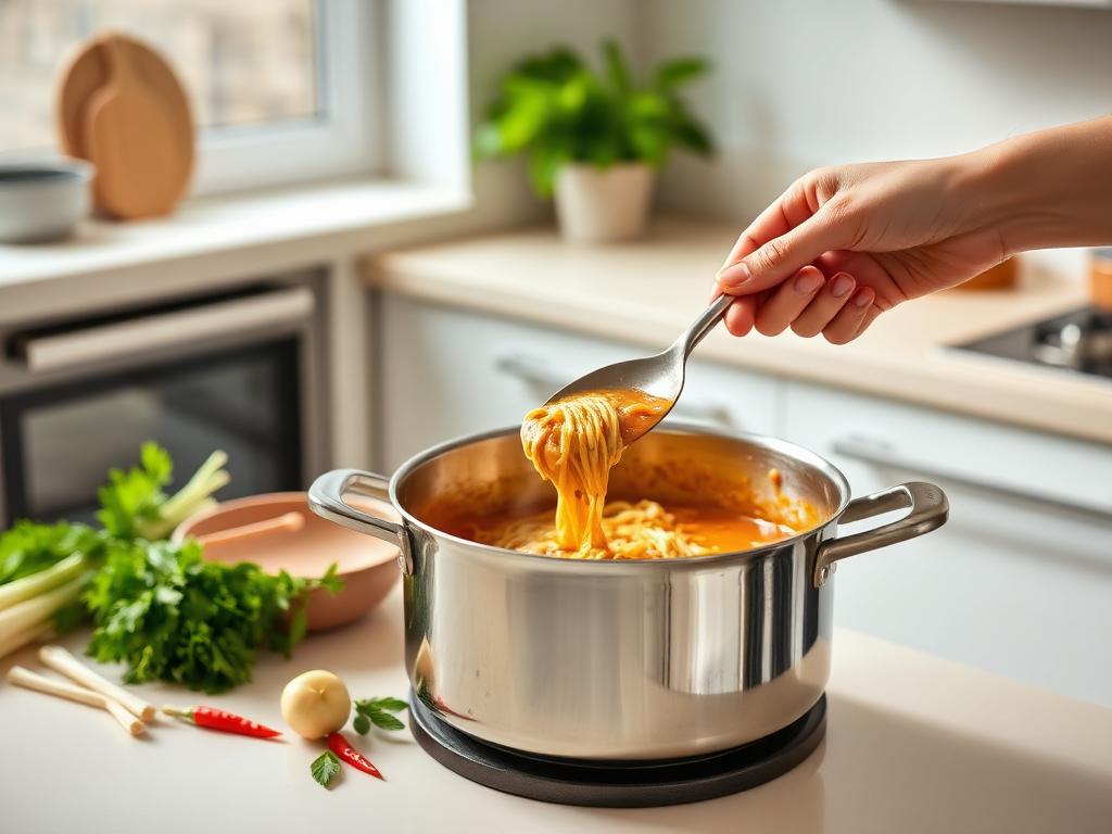 Kuah kari dikacau di dalam periuk besar di dapur yang bersih